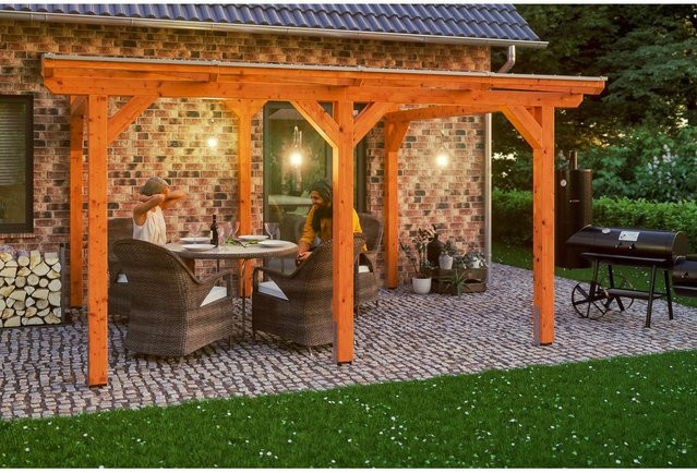 Skan Holz Terrassenüberdachung Siena aus Leimholz in Eiche hell mit Polycarbonat-Dach, B/T: 434 x 400 cm - Bild 1