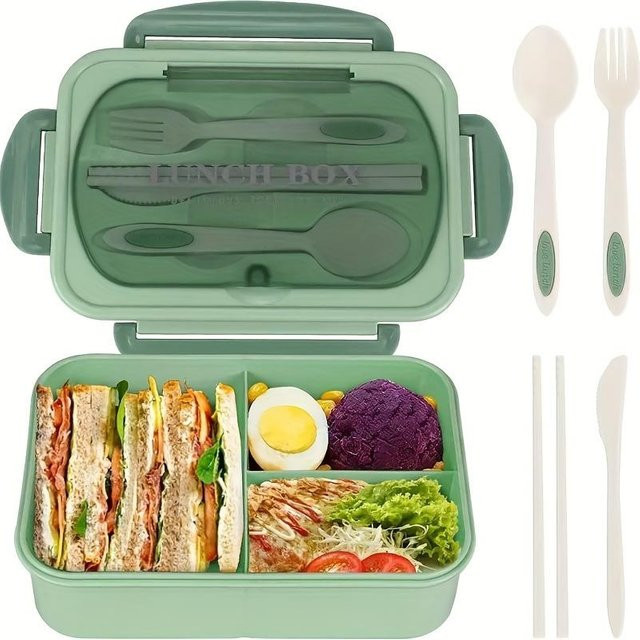 YC Direct Bento-Box Lunchbox mit Geschirr, quadratisch unterteilt, auslaufsicher und mikrowellengeeignet, Grün, 1 l - Bild 1