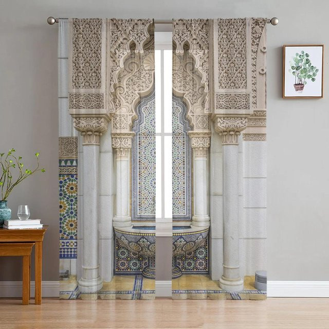 Yiran Furniture Marokkanische Tüllvorhänge aus transparentem Voile, bedruckt, 2er-Set, B: 135 cm, H: 115 cm - Bild 1