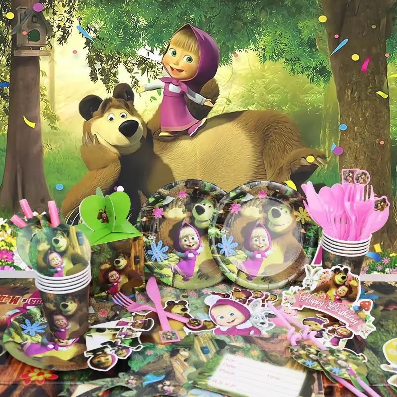 Potdemiel Mashas und Bär Geburtstag Party Dekoration Set mit Einweggeschirr und Luftballons in Mehrfarbig - Bild 2