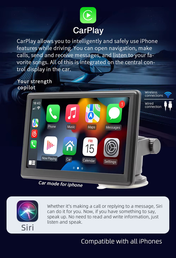 BQCC 7-Zoll Auto Kabelloses CarPlay Autoradio mit WiFi, GPS, Bluetooth und HD Multimedia Touchscreen in Schwarz - Bild 3