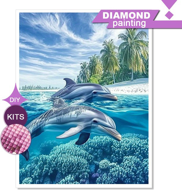 Huacan Delfin-Diamantgemälde Bastelset mit quadratischem und rundem Mosaik als Wanddekoration in Multicolour, Breite: 30,0 cm, Höhe: 20,0 cm - Bild 1