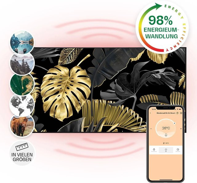 Klarstein Wonderwall Air Art Smart Infrarotheizung mit App-Steuerung, Motiv Schwarzes Blatt, Schwarz, B: 120 cm, H: 60 cm, 700 W - Bild 1