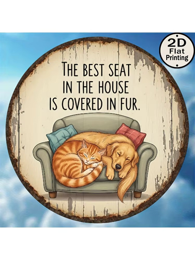 Potdemiel Vintage Metallwandkunst Rund mit Katzen und Hunden, Rustikales Dekoschild aus Eisen, Mehrfarbig, Durchmesser: 20,32 cm - Bild 6
