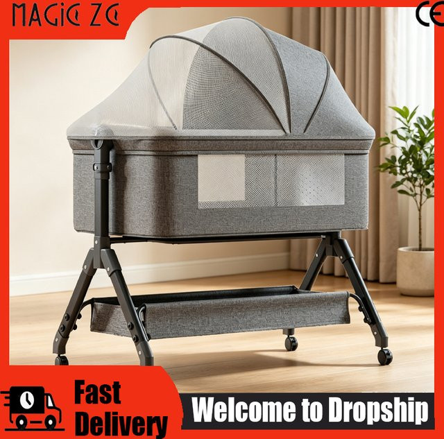 Magic ZC Babywiege als umwandelbares Babybett mit Rollen und Dreieckständer in Grau - Bild 1