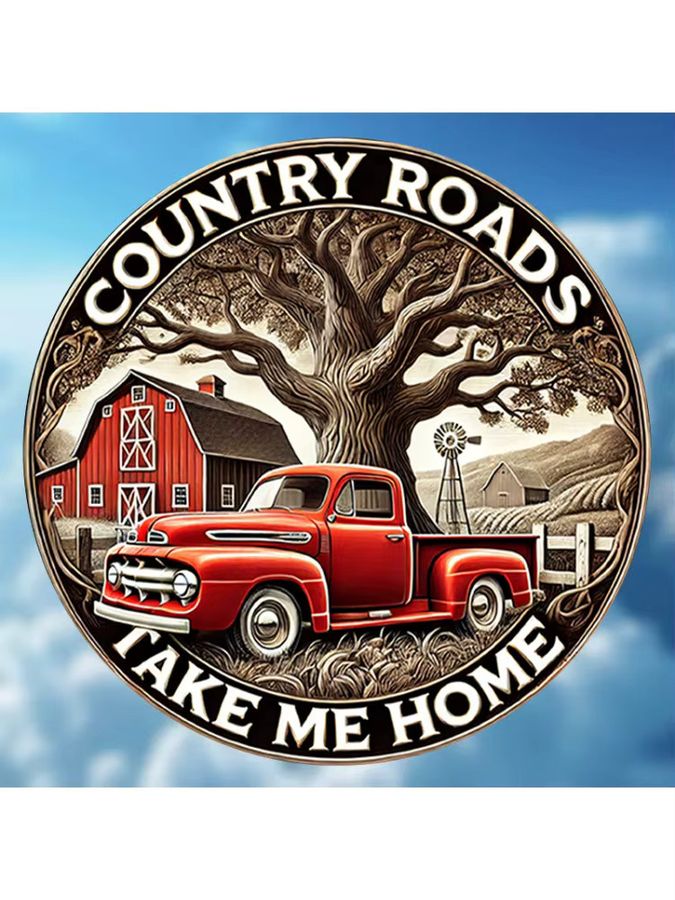 Potdemiel Vintage Metallschild Country Roads Take Me Home rund mit rotem Pickup und Blattbaum Design Durchmesser: 20,3 cm - Bild 2