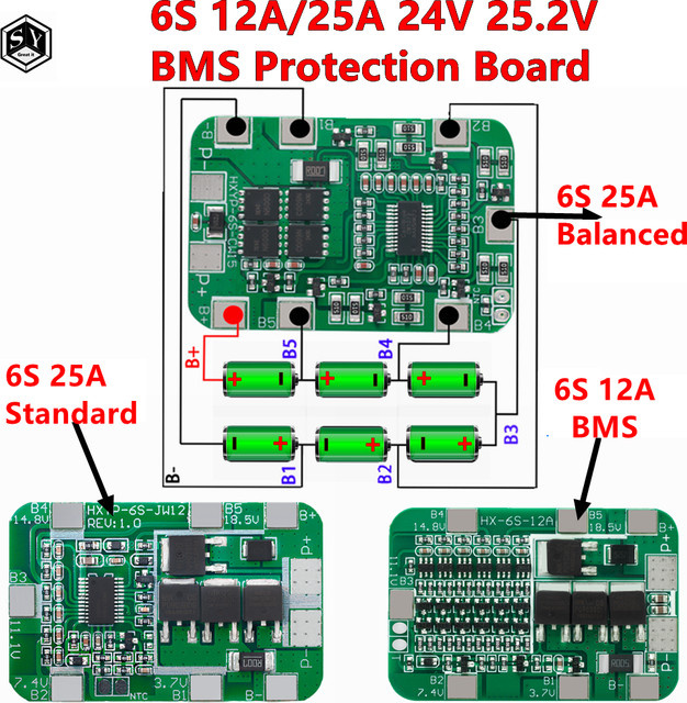 Baishundianzi BMS Schutzmodul für 6S 18650 Li-Ion Akku Packs, 24V 25,2V, 12A/25A, Farbe: Grün - Bild 1