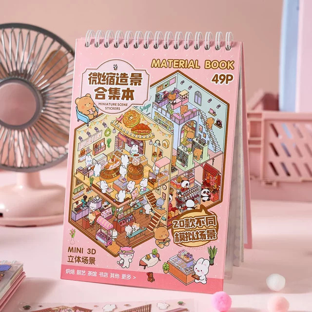 HYFJOY Miniatur-Szenen-Aufkleberbuch mit 49 Stück 3D-Cartoon-Cottage DIY Diorama Aufkleber-Pad in Multicolour - Bild 1