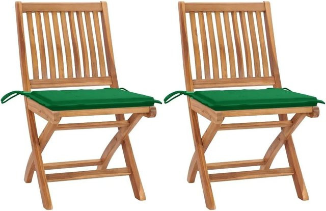 vidaXL Gartenstühle Set aus 2 Stück aus Teak Massivholz mit grünen Kissen in Braun - Bild 1
