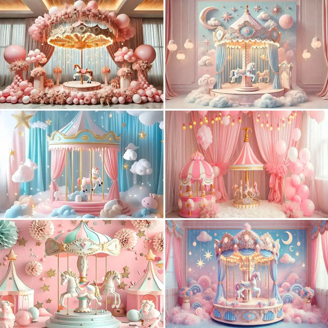 VIKAMA Hintergrund Wanddeko Traum Zirkus Schaukelpferd Rosa Sternenwolke für Kinderzimmer und Geburtstagspartys - Bild 1