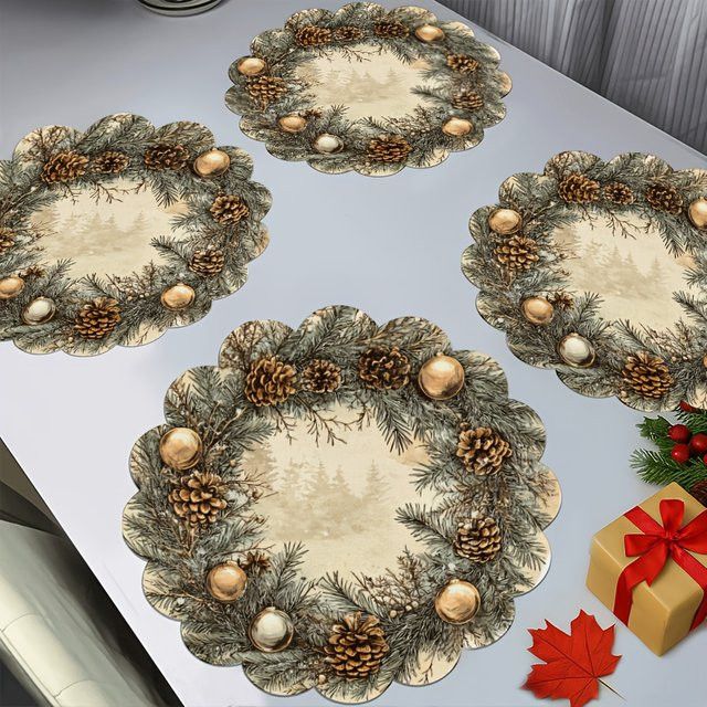 VIKAMA 4-teiliges Weihnachts-Tischset mit Kieferenzweig und gewellten Kanten für deine Tischdekoration - Bild 1