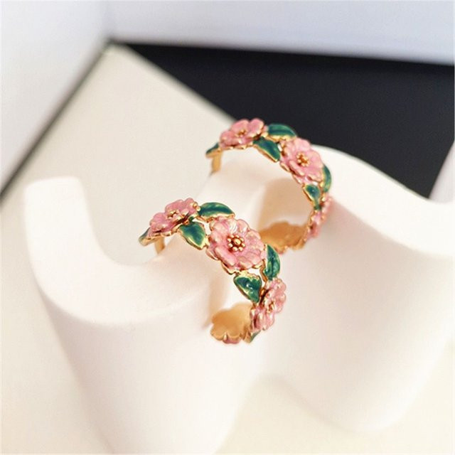 YIRAN Jewelry Ohrring, C-förmiger Tropfenohrring, Rosenzweig und Blume, Damen, black - Bild 1