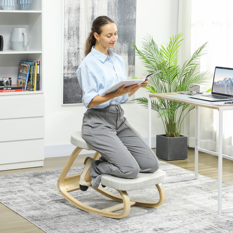 Ergonomischer Kniesitz Schaukelstuhl aus Birkenholz von HOMCOM in Creme für dein Homeoffice - Bild 2