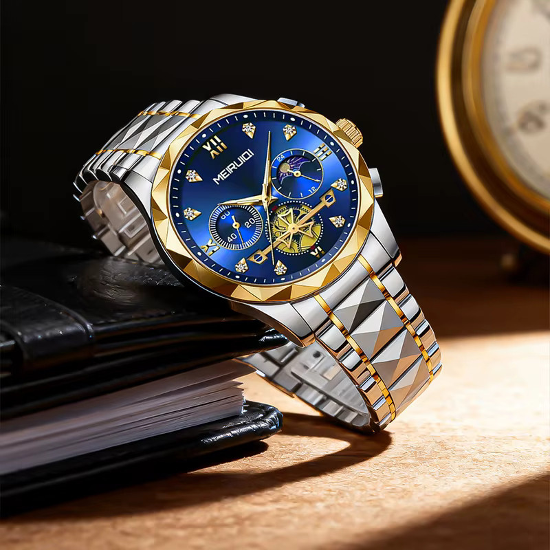 MEIRUIQI Armbanduhr, Quarz, Edelstahl, Goldblau, Herren - Bild 3