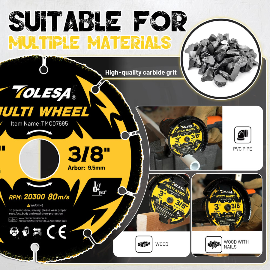 TOLESA 3-teiliges Hartmetall-Trennscheiben-Set für Winkelschleifer, 3 Zoll mit 3/8-Zoll-Aufnahme, ideal zum Schneiden von Holz, Laminat und Kunststoff - Bild 3