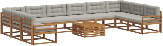 vidaXL Outdoor-Sofagarnitur aus Akazienholz mit Kissen, 11-teiliges Set, Natur und Hellgrau - Bild 1