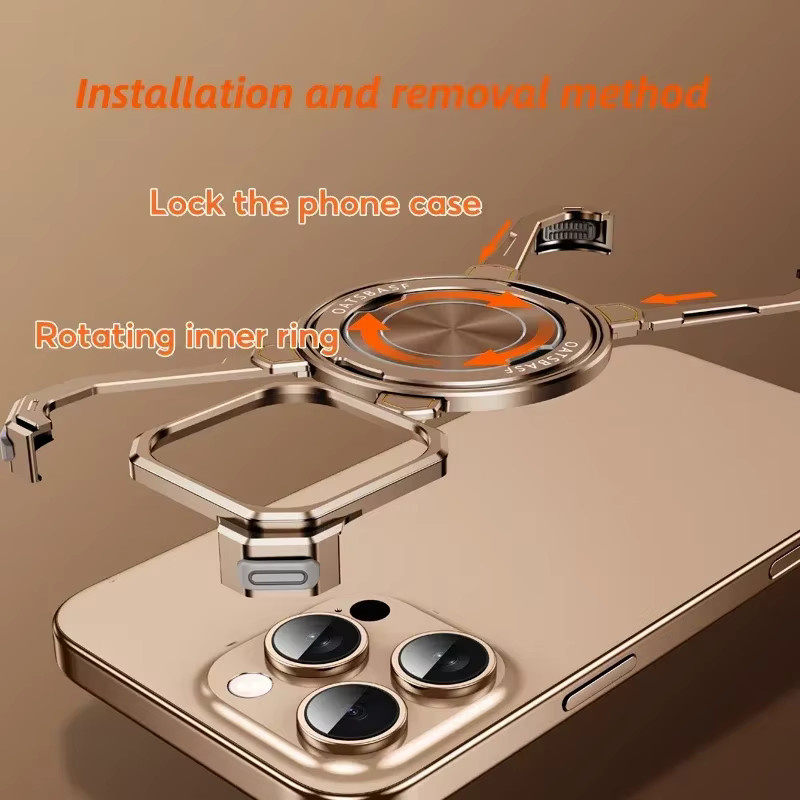 Dolob Rahmenlose Aluminium-Schutzhülle für iPhone 16 Pro Max mit MagSafe und drehbarem Ständer, Schwarz und Gold - Bild 2