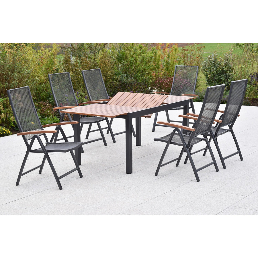 Merxx Thasos Gartenmöbel-Set 7-tlg. aus Aluminium in Schwarz mit ausziehbarem Tisch in Holzoptik und 6 Klappsesseln, B/T: 150 x 90 cm (ausziehbar auf 200 x 90 cm) - Bild 2