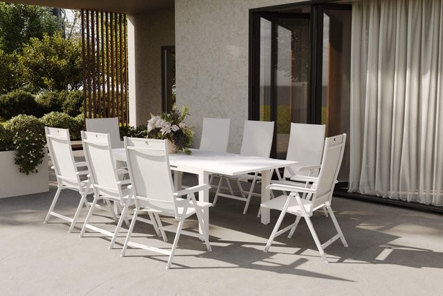 Kettler Garten-Essgruppe aus Aluminium und Outdoorgewebe mit Sicherheitsglas, hellgrau/weiß, ausziehbar, inklusive 8 Klappstühlen - Bild 1
