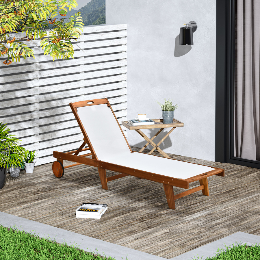 Outsunny Sonnenliege aus Akazienholz und Textil mit verstellbarer Rückenlehne, Braun und Weiß, B/T/H: 198 x 60 x 55-88 cm - Bild 2