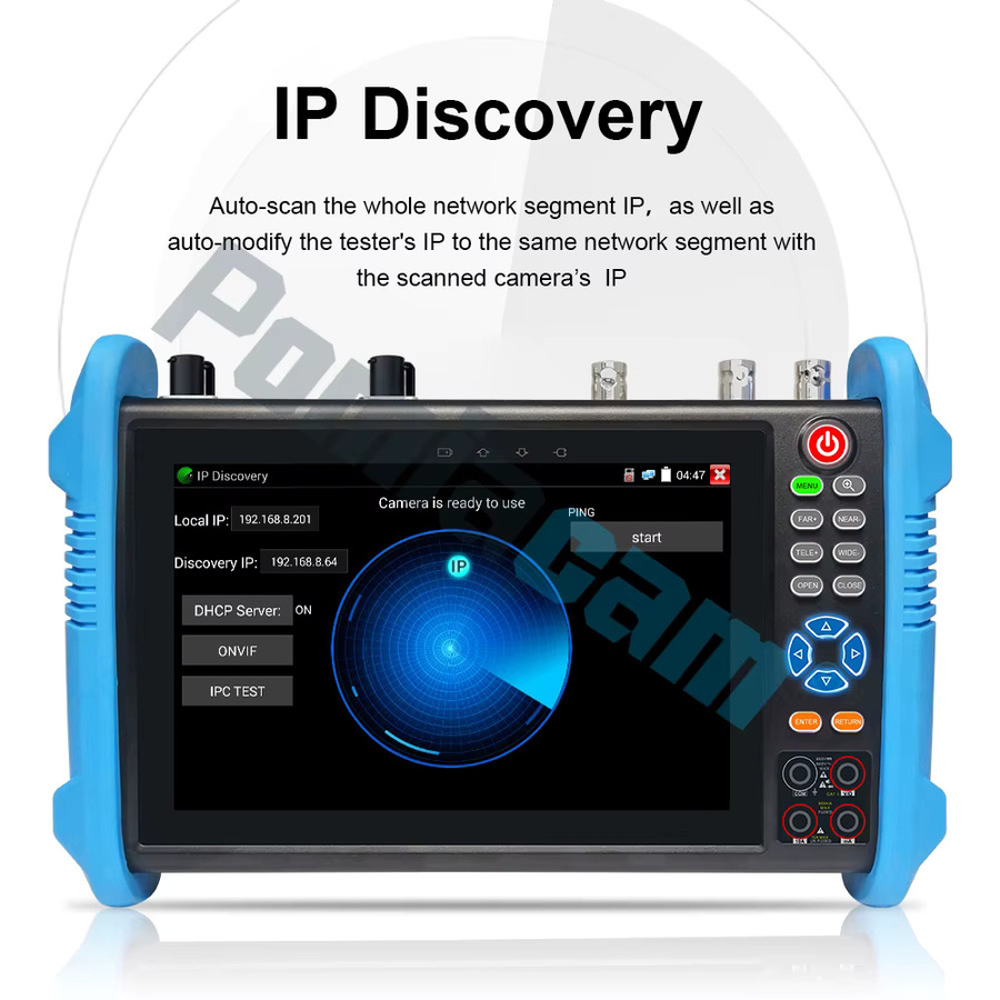 POMIACAM 7-Zoll IPS-Touch-IP-Kameratester mit 8K Unterstützung, 90 W PoE++, PTZ-Steuerung und UTP/RJ45 TDR-Kabeltest in Blau - Bild 2