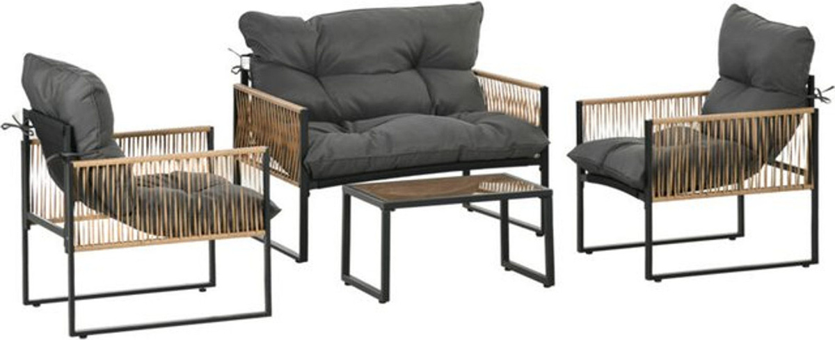 Outsunny 4-teiliges Gartenmöbel-Set aus Polyrattan in Braun mit Sitzkissen, Doppelsofa, 2 Sesseln und Couchtisch aus Glas - Bild 1