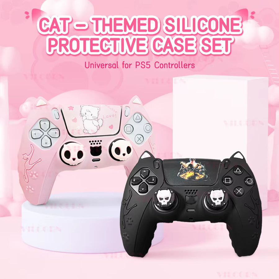 VILCORN Silikon Schutzhülle für PS5 DualSense Controller in Pink mit 2 Joysticks und Daumenkappen - Bild 1