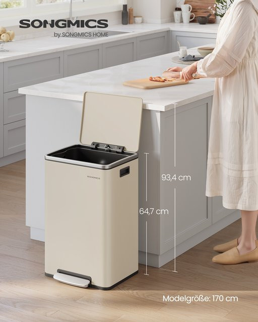 SONGMICS Mülleimer mit Deckel und Softclose aus Stahl, 50 l, Schwarz oder Beige, mit herausnehmbarem Inneneimer aus Kunststoff und Fußpedal - Bild 1