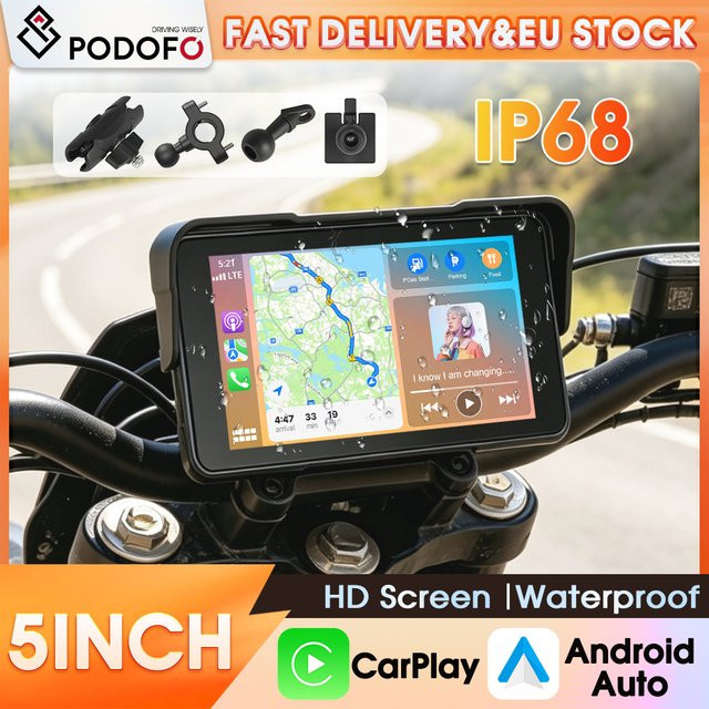 Podofo 5 Zoll IP68 Wasserdichter Motorrad-Smart-Multimedia-Player mit kabellosem CarPlay, Android Auto, Bluetooth-Audio und integriertem TPMS-Reifendrucküberwachungssystem in Schwarz - Bild 1