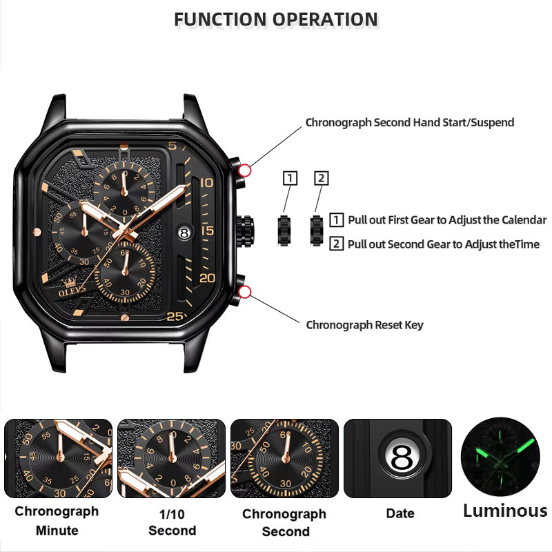 OLEVS Chronograph, Armbanduhr, Leder, Roségold, Schwarz, Herren - Bild 6