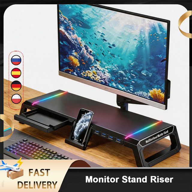 ELOOLE RGB Computer-Monitorständer in Schwarz mit USB 2.0/3.0 Schnittstellen, Aufbewahrungsschublade und Handyhalterung zur Computererhöhung für dein Gaming-Setup - Bild 1