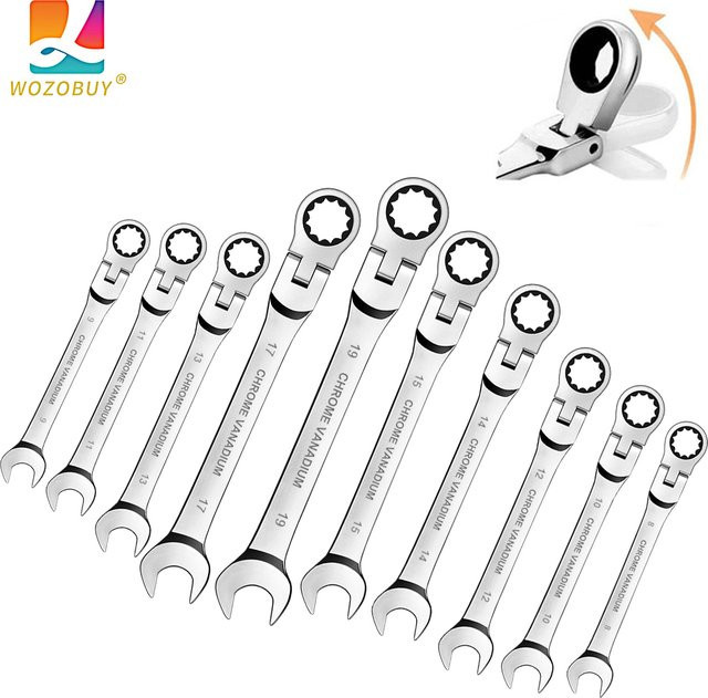 WOZOBUY Ratschenschlüssel-Set mit flexiblem Kopf aus Chrom-Vanadium-Stahl, metrisch 6–24 mm, Farbe: Silber - Bild 1