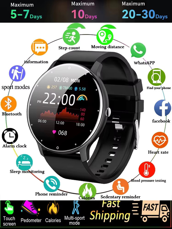 LIGE Smartwatch mit Herzfrequenzmonitor und Wasserdichtigkeit für Damen und Herren in Schwarz oder Blau, kompatibel mit Android und iOS - Bild 7
