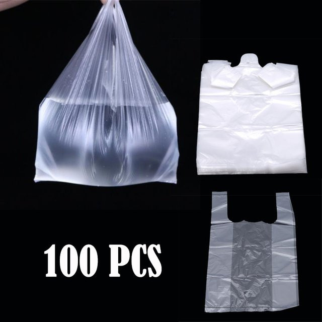 100 Stück transparente Plastiktüten mit Griff als tragbare Einkaufstaschen und Lebensmittelverpackungstaschen - Bild 1