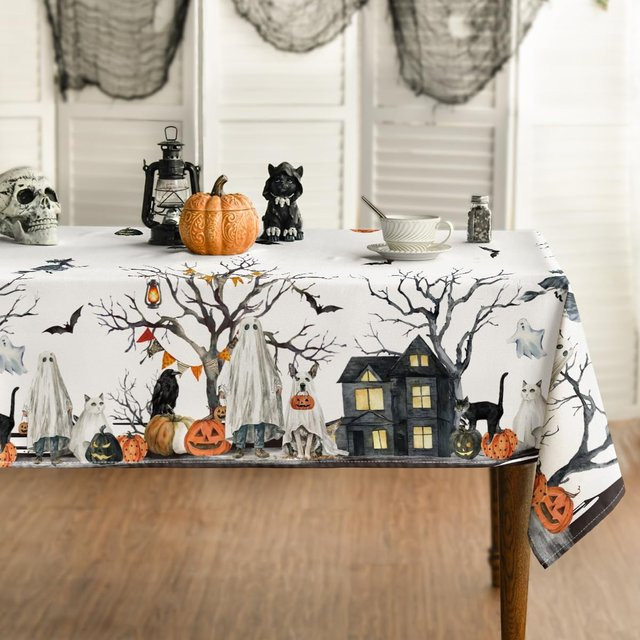 JMG Household Supplies Halloween Tischdecke aus Polyester mit Kürbis Spinnennetz und Geist Motiv, wasserabweisend, Weiß, B/T: 90 x 140 cm - Bild 1