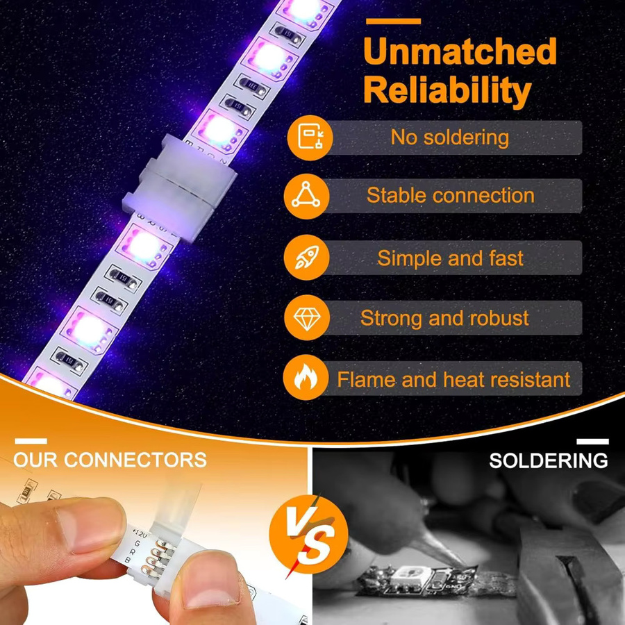 YSRSAI 10er Set 4-Pin LED Streifen Adapter ohne Löten, 10mm Solderless Stecker für 5050/3528 SMD RGB Streifen, Farbe Weiß - Bild 2