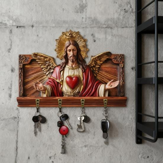 Wandmontierter Schlüsselhalter aus Kiefernholz mit Jesus-Motiv als dekorativer Schlüsselorganisator - Bild 7