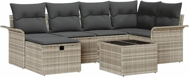 vidaXL Garten-Sofa-Set aus Polyrattan in Hellgrau, 7-teilige Lounge-Garnitur mit Kissen, Ecksofa, Sesseln, Ottoman und Tisch für Garten und Terrasse - Bild 1
