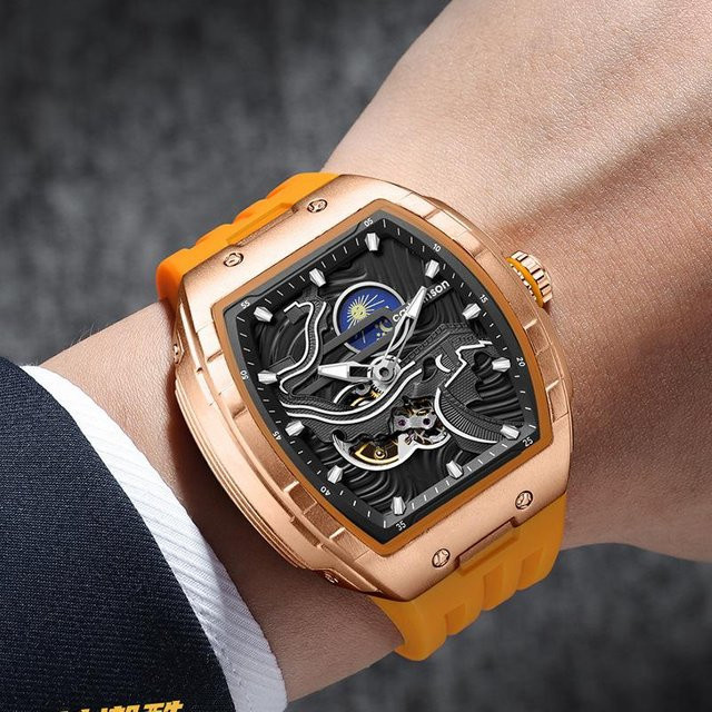 YIRAN Jewelry Automatikuhr, Skelett, Roségold, Edelstahl, Silikon, Herren - Bild 1