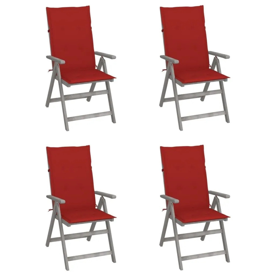 vidaXL Set aus 4 verstellbaren Hochlehner-Gartenstühlen aus Akazien-Massivholz mit Auflagen in Rot - Bild 2