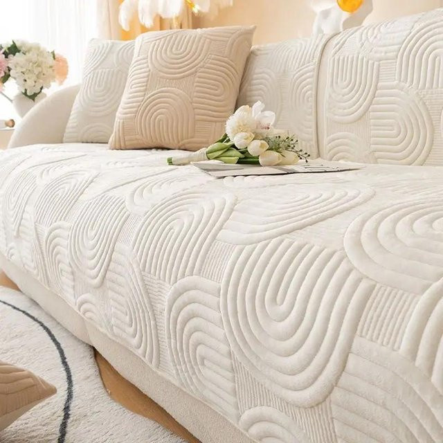 Rutschfester Samt Sofabezug in Beige, warmer Couch Überwurf im französischen Stil, Breite: 90 cm, Tiefe: 160 cm - Bild 1