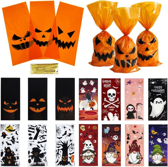 50 Stück Halloween-Geschenktüten aus Kunststoff mit Kürbis, Geist und Fledermaus Motiven in Orange für Kinder als Süßigkeiten- und Kekstüten - Bild 1