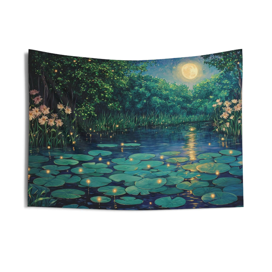 VIKAMA Moonnight Sleeping Lotus Pond Wandteppich mit Wald, Sternenhimmel und Glühwürmchen in Multicolour, B: 60,0 cm, H: 40,0 cm - Bild 3