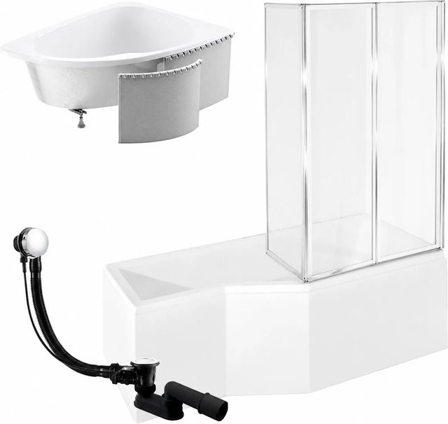 KOLMAN Eckbadewanne in Weiß mit Styroporverkleidung, 3-teiliger Glasabtrennung, Ablauf und Füßen, Rechtsausführung, B/T: 170 x 75 cm - Bild 1