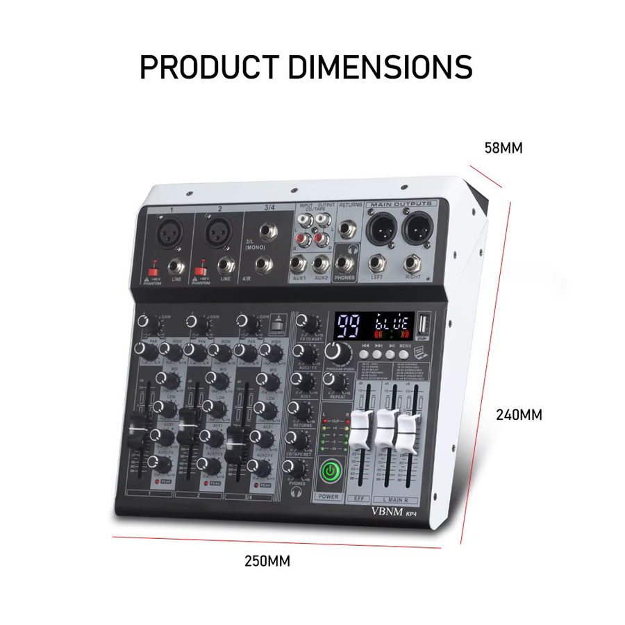 VBNM 4-Kanal Professioneller Audio-Mixer mit 99 DSP-Effekten und 48V Phantomspeisung in Schwarz - Bild 5