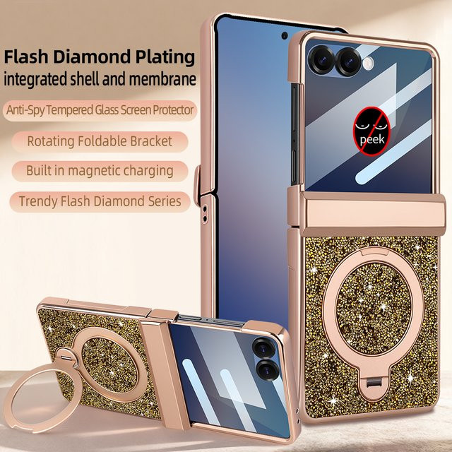 Glitzer-Kunstleder-Handyhülle für Samsung Z Flip 7 und Samsung Z Flip 6 in Gold mit magnetischem drehbarem Ständer, Anti-Spionage-Folie und Scharnierschutz - Bild 1