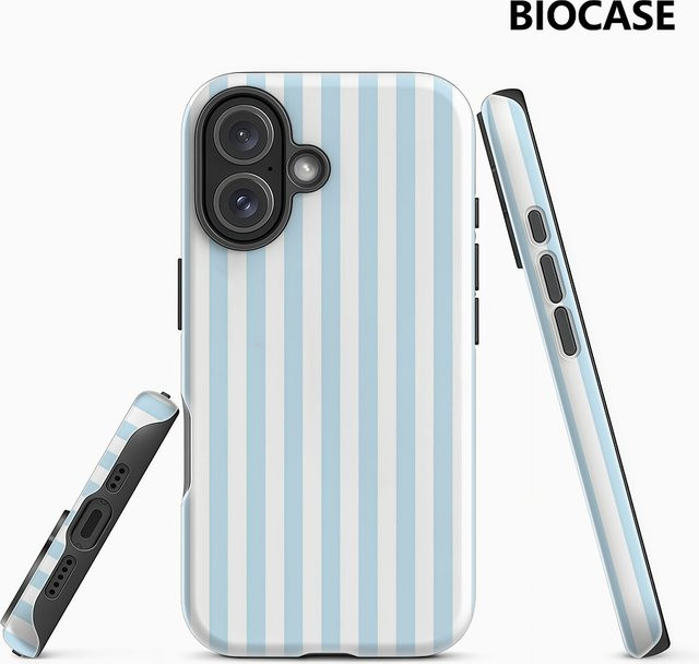 Handyhülle mit hellblauen und weißen vertikalen Streifen für Apple iPhone 17 16 15 14 13 Pro Max Plus mit doppelschichtiger Rückseite - Bild 1