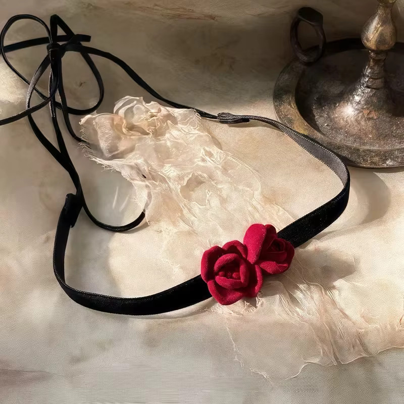 Halskette Damen, Samtblumen, Retro-Schleife, Schwarz, Rot, Vintage - Bild 2