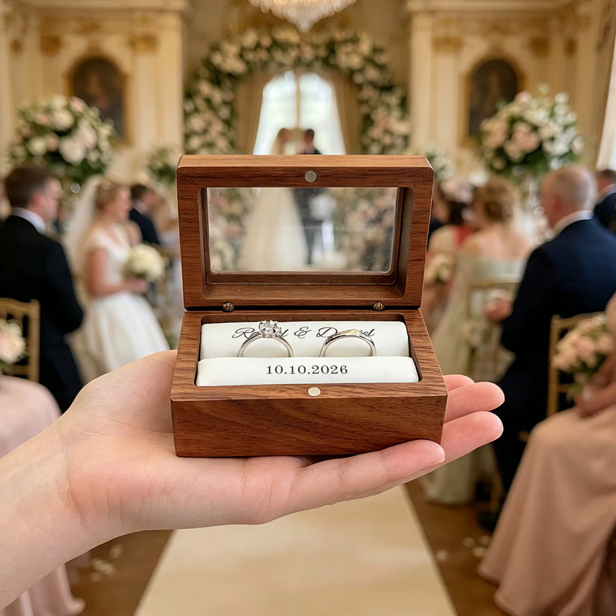 Individuell gravierte Ringbox aus Walnussholz mit Klarsichtfenster in Braun für Hochzeit und Verlobung - Bild 2