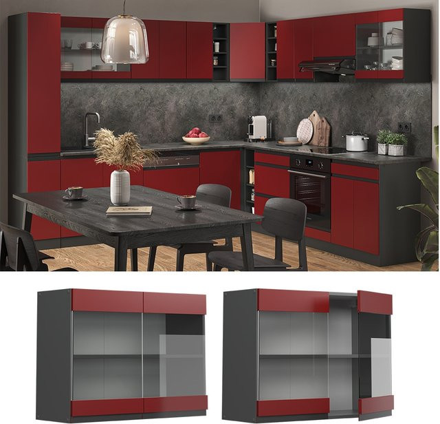Vicco R-Line J-Shape Glashängeschrank für die Küche in Anthrazit und Rot mit Glastüren, Breite: 80 cm, Höhe: 60 cm, Tiefe: 31 cm - Bild 1